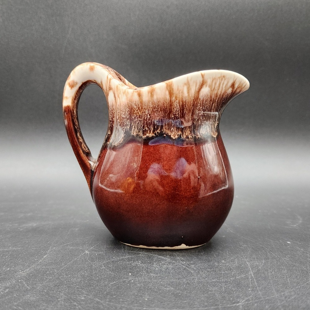 USA Pottery 4in Brown Drip Glaze Mini Pitcher Creamer Vintage MCM Rustic Kitchen